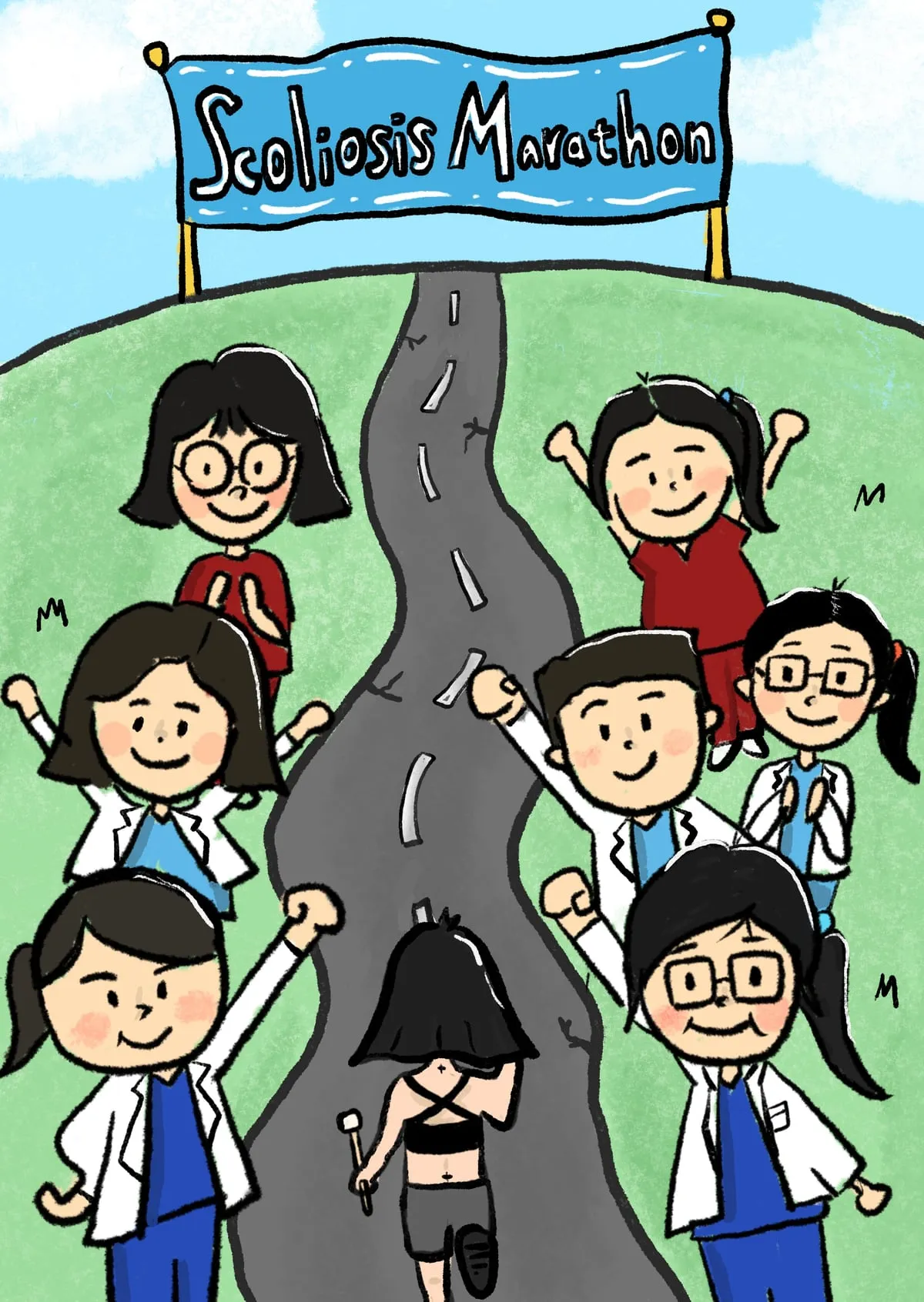 手繪插畫「Scoliosis Marathon」：醫療團隊在跑道兩旁，為跑向終點的側彎跑者加油