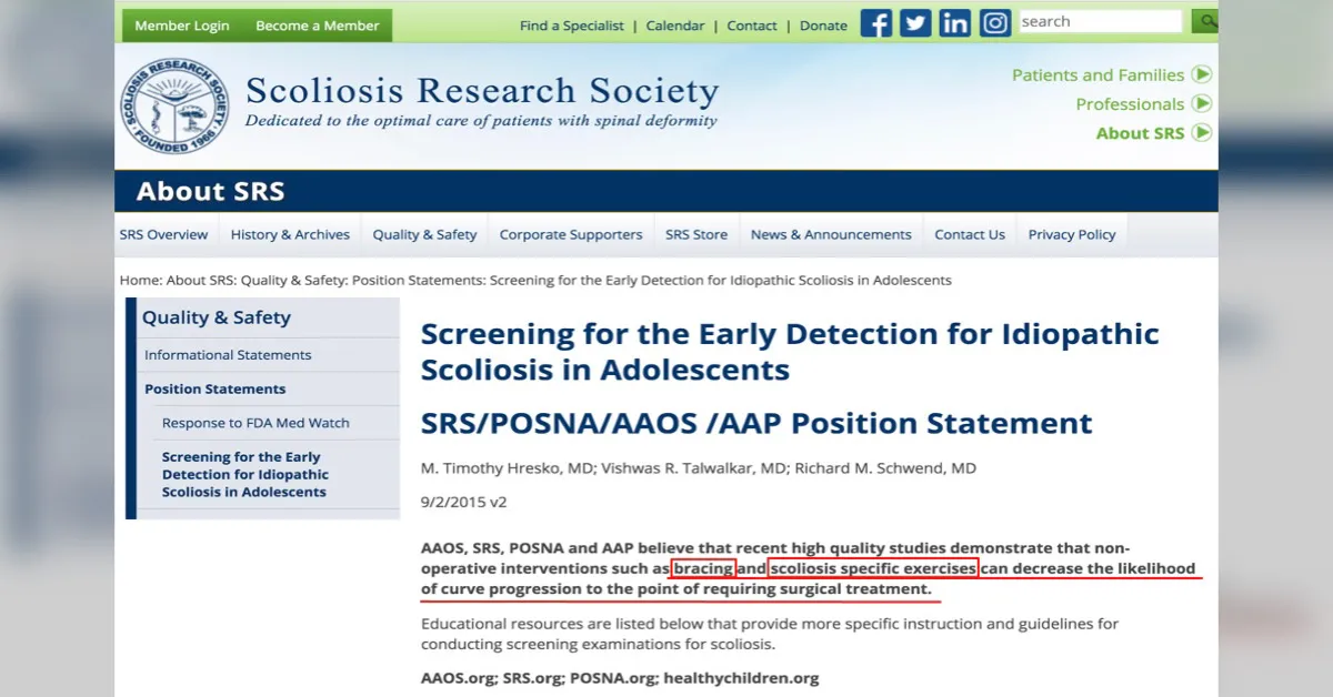 網頁截圖：Scoliosis Research Society（SRS）網站上 SRS/POSNA/AAOS/AAP 對青少年原發性側彎早期篩檢的立場聲明，紅框標示背架與側彎特定運動可降低曲度惡化至需手術的可能